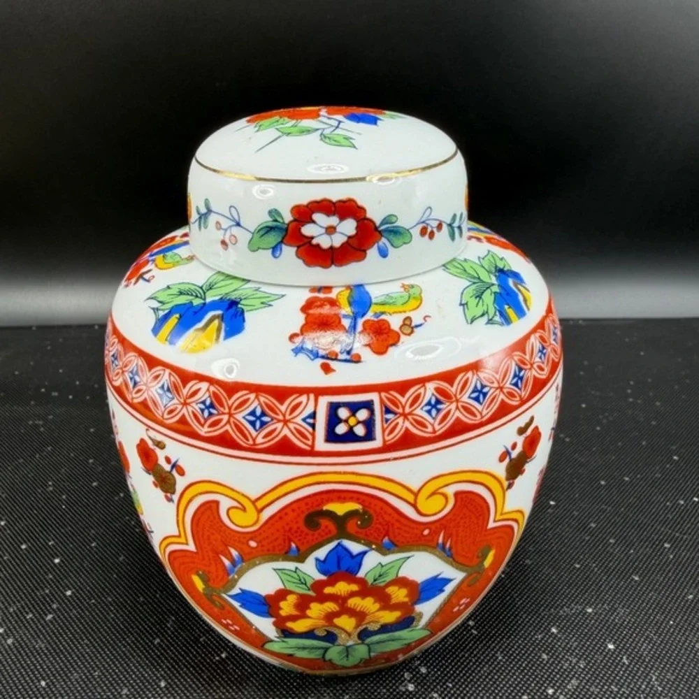 Vintage Porcelain Ginger Jar Floral Bird‎ Chinoiserie Lidded Vase Gilt 5 Inch